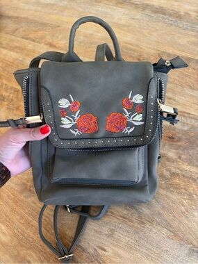 Embroidered Olive Mini Backpack with Floral Accent